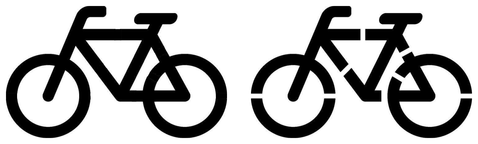 Bici: a la izquierda el dibujo sin puentes, a la derecha con los puentes que dejan costuras sin pintar
